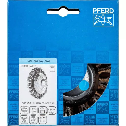 PFERD TOOLS COMBITWIST kúpos kefe csomózott KBG Ø 115 x 15 mm M14 rozsdamentes acélhuzal Ø 0,35 sarokcsiszolóhoz POS KBG 11515/M14 CT INOX 0,35 43315013 1 db