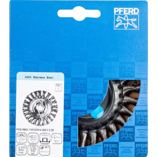 PFERD TOOLS Körkefe csomózott RBG Ø 115 x 12 mm M14 rozsdamentes acélhuzal Ø 0,35 sarokcsiszolóhoz POS RBG 11512/M14 INOX 0,35 43312004 1 db