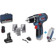   Bosch Professional GSR 12V-15 + GLI DeciLED Akkus fúrócsavarozó 12 V 2 Ah, 4 Ah Lítiumion akkus lámpával, 2. akkuval, Tartozékokkal, Táskával