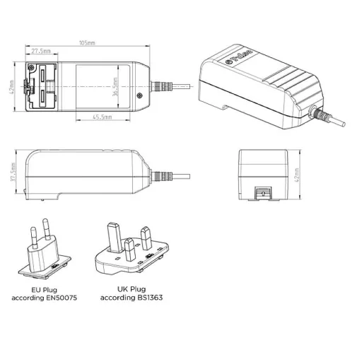 Egston 003920494 Dugasztápegység, fix feszültségű 24 V/DC 1.25 A 30 W Európai adapterrel, UK adapterrel