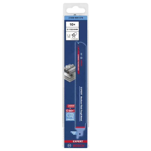 Bosch Accessories 2608900376 EXPERT Közepesen vastag kemény fém S 1155 HHM dugattyús fűrészlap, 10 darab Fűrészlap hossz 225 mm 10 db