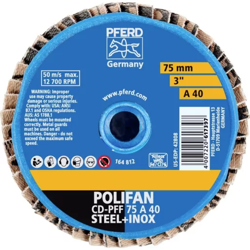 PFERD TOOLS 42719204 CD PFF 75 A 40 Felületcsiszoló korong Ø 75 mm Bronz, Titán, titán ötvözet, Vörösréz, Sárgaréz, Nemesacél, szürke-/gömbölyű öntöttvas,