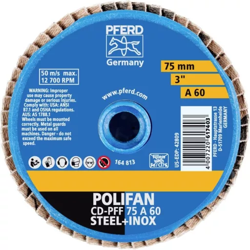 PFERD TOOLS 42719206 CD PFF 75 A 60 Felületcsiszoló korong Ø 75 mm Bronz, Titán, titán ötvözet, Vörösréz, Sárgaréz, Nemesacél, szürke-/gömbölyű öntöttvas,