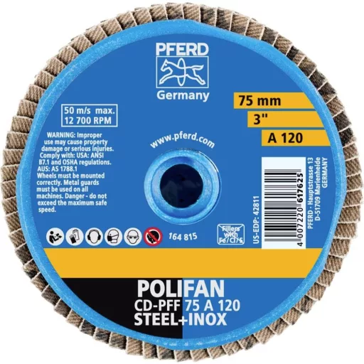 PFERD TOOLS 42719212 CD PFF 75 A 120 Felületcsiszoló korong Ø 75 mm Bronz, Titán, titán ötvözet, Vörösréz, Sárgaréz, Nemesacél, szürke-/gömbölyű öntöttvas,