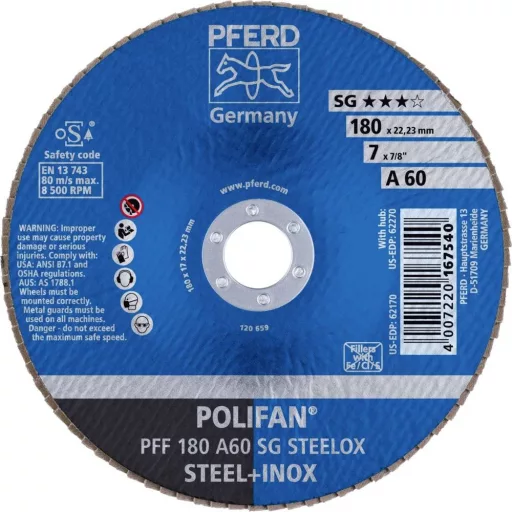 PFERD TOOLS 67606185 PFF 180 A 60 SG STEELOX Felületcsiszoló korong Ø 180 mm Furat átmérő 22.23 mm Nemesacél, Acél 10 db