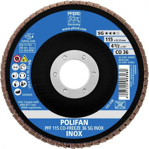 PFERD TOOLS 67611536 PFF 115 CO-FREEZE 36 SG INOX Felületcsiszoló korong Ø 115 mm Furat átmérő 22.23 mm nikkel alapú ötvözet, nikkel vagy titán bázisú
