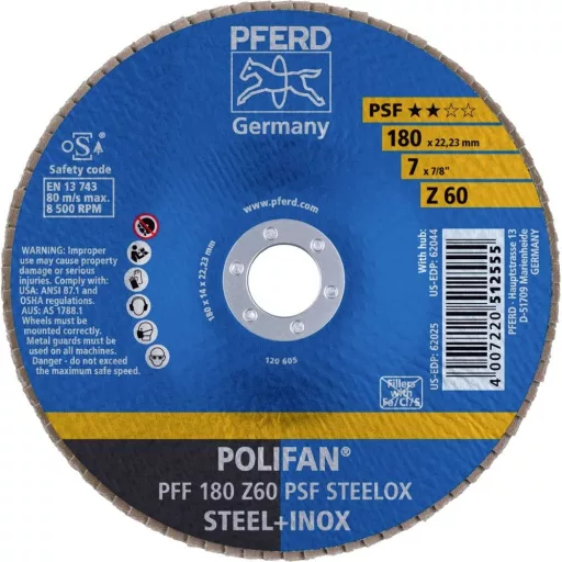 PFERD TOOLS 67666185 PFF 180 Z 60 PSF STEELOX Felületcsiszoló korong Ø 180 mm Furat átmérő 22.23 mm Nemesacél, Acél 10 db