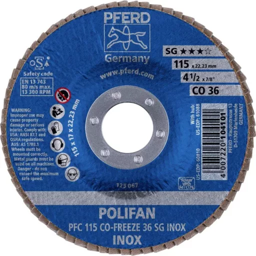 PFERD TOOLS 67711536 PFC 115 CO-FREEZE 36 SG INOX Felületcsiszoló korong Ø 115 mm Furat átmérő 22.23 mm nikkel alapú ötvözet, nikkel vagy titán bázisú