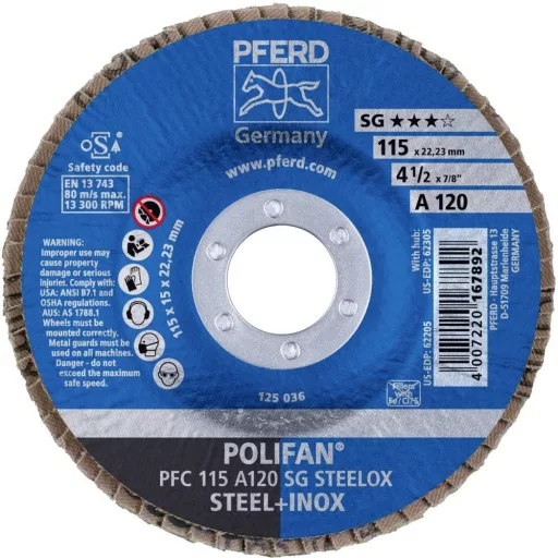 PFERD TOOLS 67712115 PFC 115 A 120 SG STEELOX Felületcsiszoló korong Ø 115 mm Furat átmérő 22.23 mm Nemesacél, Acél 10 db