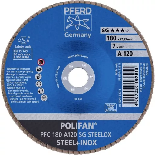 PFERD TOOLS 67712185 PFC 180 A 120 SG STEELOX Felületcsiszoló korong Ø 180 mm Furat átmérő 22.23 mm Nemesacél, Acél 10 db