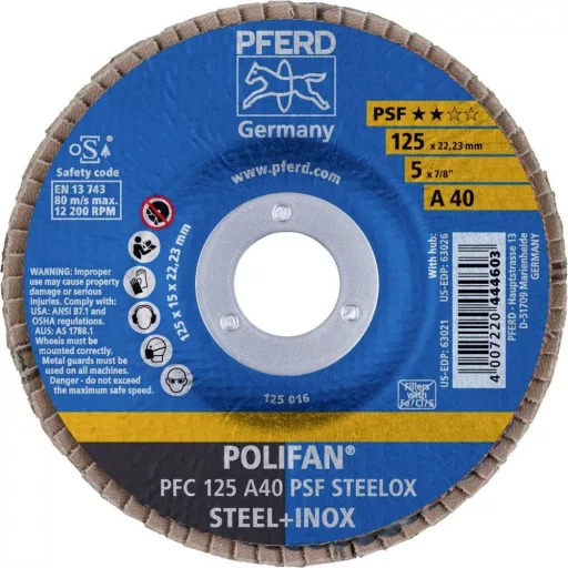 PFERD TOOLS 67744125 PFC 125 A 40 PSF STEELOX Felületcsiszoló korong Ø 125 mm Furat átmérő 22.23 mm Szemcsézet 40 Nemesacél, Acél 10 db