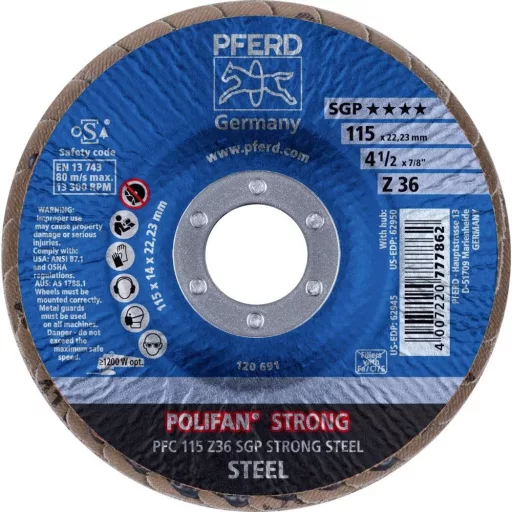 PFERD TOOLS 67788015 PFC 115 Z 36 SGP STRONG STEEL Felületcsiszoló korong Ø 115 mm Furat átmérő 22.23 mm Acél 10 db