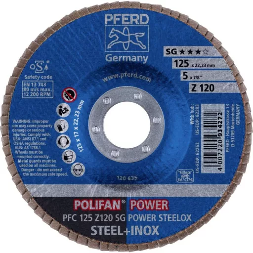 PFERD TOOLS 67789126 PFC 125 Z 120 SG POWER STEELOX Felületcsiszoló korong Ø 125 mm Furat átmérő 22.23 mm Nemesacél, Acél 10 db