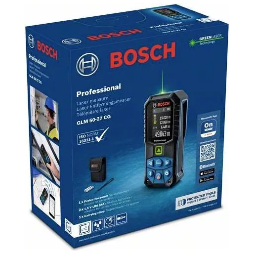 Bosch Professional GLM 50-27 CG Lézeres távolságmérő Kalibráció (ISO) Bluetooth-os, Dokumentiációs alkalmazás, Állványadapter, 6,3 mm (1/4) 50 m