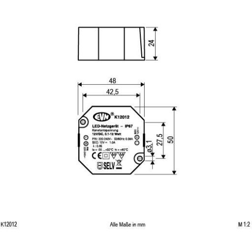 EVN K12012 LED transzformátor Állandó feszültségű 12 V/DC 1 db
