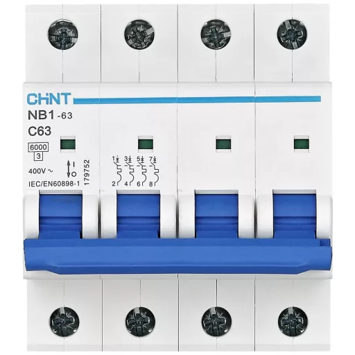 Chint 179752 NB1-63 4P C63 6kA DB Vezeték védőkapcsoló 4 pólusú 63 A 240 V, 415 V