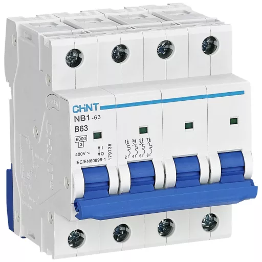 Chint 179738 NB1-63 4P B63 6kA DB Vezeték védőkapcsoló 4 pólusú 63 A 240 V, 415 V
