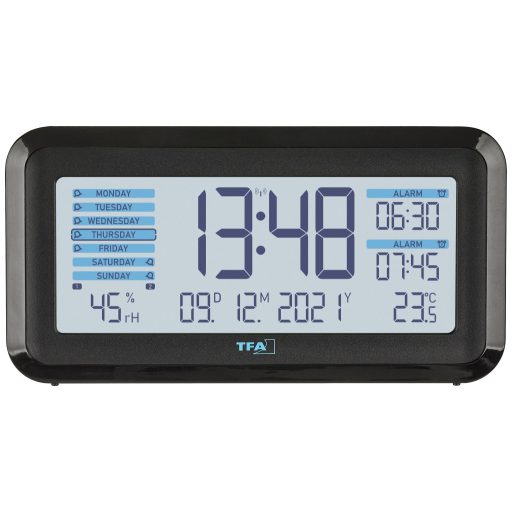 TFA Dostmann 60.2562.01.GB Rádiójel vezérlésű Ébresztőóra Fekete, Világoskék Riasztási idők 2 Nagy kijelző