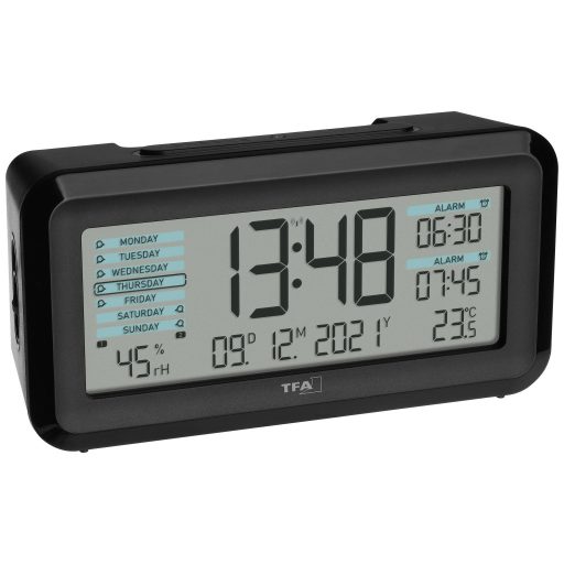 TFA Dostmann 60.2562.01.GB Rádiójel vezérlésű Ébresztőóra Fekete, Világoskék Riasztási idők 2 Nagy kijelző