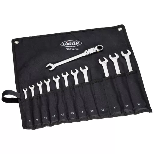 Vigor V6752/12 V6752/12 Csuklós gyűrűs villáskulcs Kulcsszélesség (metrikus) 8 - 19 mm
