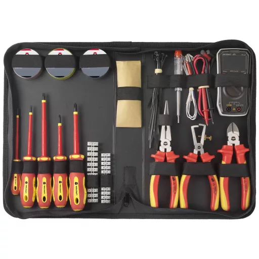 TOOLCRAFT TO-7762929 Villanyszerelő, Kisiparos Szerszámkészlet táskában 50 részesVOLTCRAFT VC-22 digitális multiméterrel