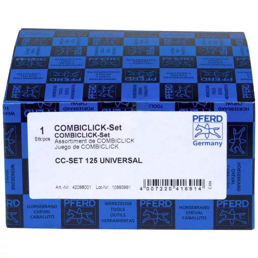 PFERD TOOLS 42098001 COMBICLICK szálas tárcsakészlet korund Ø125mm A36, 60, 80, 120 CC-H-GT alátéttel univerzális alkalmazásokhoz Ø 125 mm