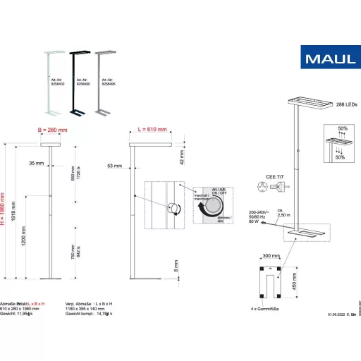 Maul MAULjaval 8258490 LED-es állólámpa LED Fixen beépített LED-es 64 W Fekete