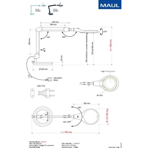 Maul 8263690 LED nagyító lámpa MAULmakro, állvánnyal, fekete Nagyítási tényező=1.75 x 127 mm 2021-es energiahatékonysági osztályok E (A - G)