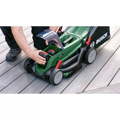 Bosch Home and Garden 06008B9E00 Akku Akkus fűnyíró 2 db akkuval, Töltővel 2x18 V Vágási szélesség (max.) 37 cm Alkalmas 550 m²