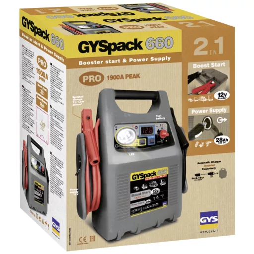 GYS Gyorsindító rendszer Gyspack 660 027862 Indulási segédáram=640 A Munkalámpa, Feszültségátalakító 230 V, Póluscssere elleni- és elektronika védelem