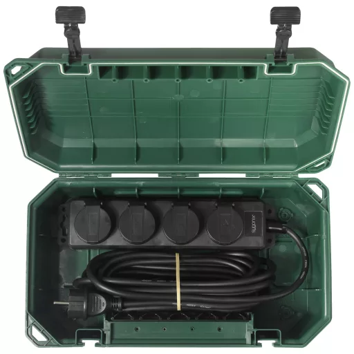 Sygonix SY-5598168 Elosztó doboz 4 részes Normál zöld (selyemmatt), Fekete Gyermekvédelem, 4 részes hálózati elosztóval