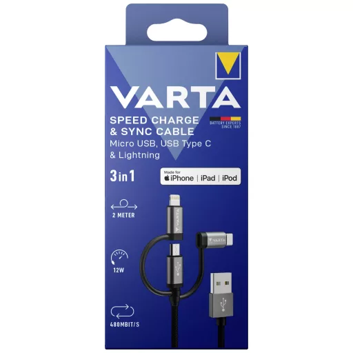 Varta USB kábel USB-A dugó, USB mikro B dugó, USB-C® dugó, Apple Lightning dugó 2.00 m Többszínű 57937101111