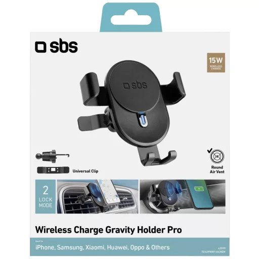 sbs mobile TESUPWIR15SCREW Szellőzőrács Autós mobiltelefon tartó Indukciós töltés funkcióval 85 mm (max)