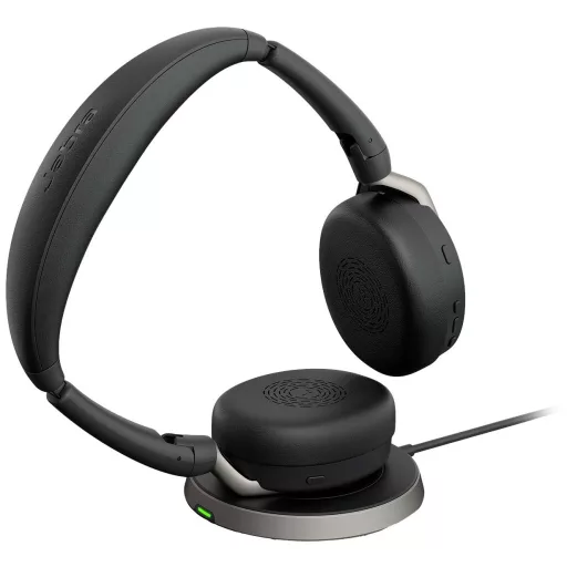 Jabra Evolve2 65 Flex Link380a UC + Ladepad On Ear headset Bluetooth® Stereo Fekete Noise Cancelling Headset, Mikrofon némítás, Hangerő szabályozás, Indukció,