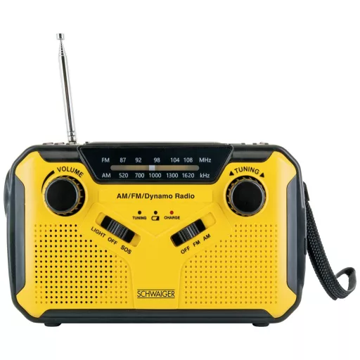Schwaiger Kültéri rádió URH, AM, FM Kézi kurbli, Napelem, Fröccsenő víz ellen védett, ütésálló, Zseblámpa Sárga, Fekete