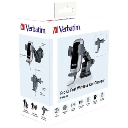 Verbatim indukciós akkutöltő 15 W FWC-03 Pro Qi Fast Wireless Car Charger 49554 Kimenetek Mágneszár Fekete