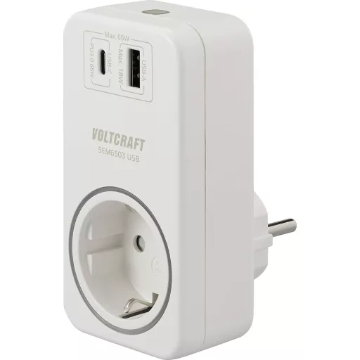 VOLTCRAFT SEM6503 Energiafogyasztás mérő USB csatlakozó, USB mérés (töltő teljesítmény), Rádiójel vezérlésű dugaszoló aljzat, Adatexport, Adatgyűjtő funkció,