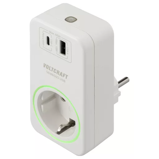 VOLTCRAFT SEM6503 Energiafogyasztás mérő USB csatlakozó, USB mérés (töltő teljesítmény), Rádiójel vezérlésű dugaszoló aljzat, Adatexport, Adatgyűjtő funkció,
