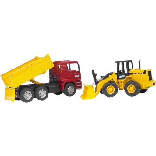 Játék munkgép szett, homlokrakodó és MAN billencses játék teherautó párban