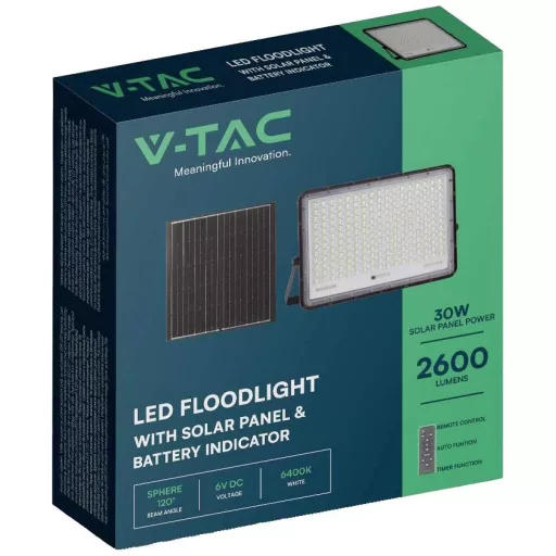V-TAC VT-240W 7829 LED-es fényszóró, Napelem modul 30 W Hidegfehér Fekete