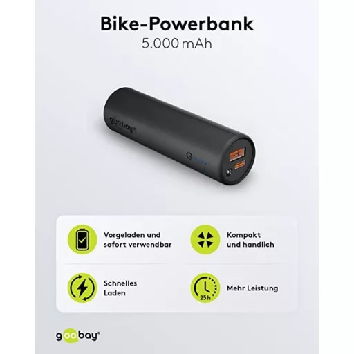 Goobay Goobay 60656 Powerbank für Fahrrad 5000 mAh Bike Fahrradhalterung USB Buchse PD Powerbank 5000 mAh Lítiumion Fekete állapotjelző, LED-es zseblámpa