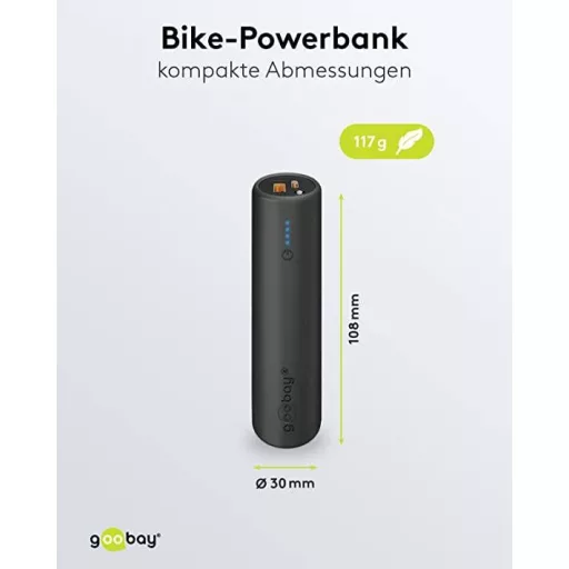 Goobay Goobay 60656 Powerbank für Fahrrad 5000 mAh Bike Fahrradhalterung USB Buchse PD Powerbank 5000 mAh Lítiumion Fekete állapotjelző, LED-es zseblámpa