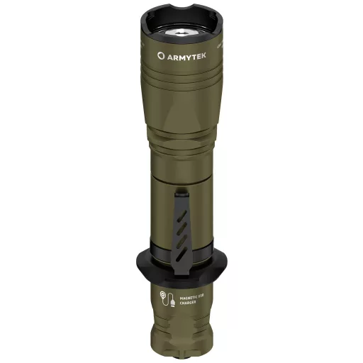 ArmyTek Dobermann Pro Magnet USB Olive Warm LED Kézilámpa Csuklópánt, Tokkal Akkuról üzemeltetett 1400 lm 164 g