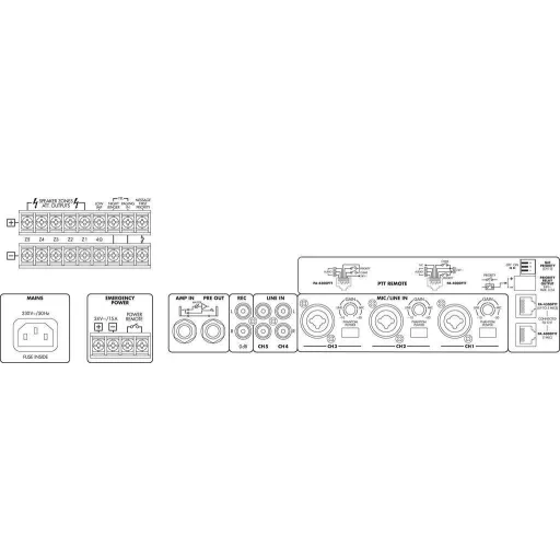 Monacor PA-1240 ELA erősítő 240 W 1 csatornás 5 zóna