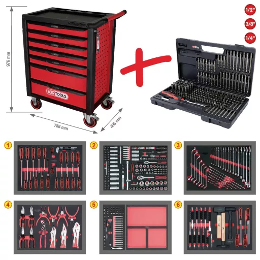 KS Tools 826.7598 Műhelykocsi Acéllemez Gyártói szín: Fekete, Piros
