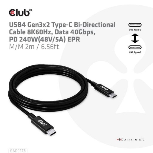 club3D USB C kábel USB4™ USB-C® dugó 2.00 m Fekete CAC-1578