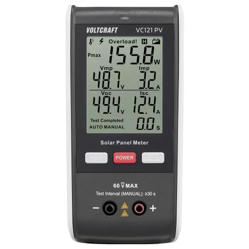 VOLTCRAFT VC121 PVNapelemes mérő 800 W-ig, áramerősség, feszültség, teljesítmény, rövidzárlat kijelzéssel