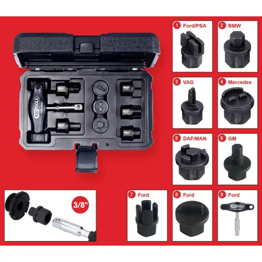 KS Tools 150.1040 3/8&quot  olajszerviz speciális profilkészlet műanyag olajleeresztő csavarokhoz, 9 db