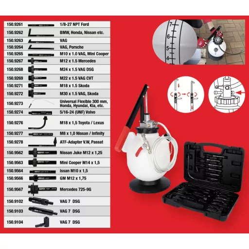 KS Tools 150.9105 Univerzális hajtóműolaj betöltő rendszer készlet 23 darabos adapterkészlettel