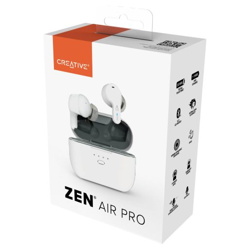 Creative Zen Air Pro In Ear fejhallgató Bluetooth® Fehér Izzadásálló, Vízálló, Elemtöltés kijelzés, Töltő- dokkoló állomással